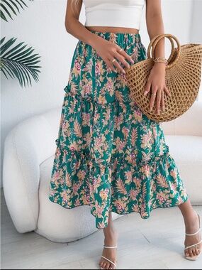 Floral Tiered Green Maxi Skirt - Women's